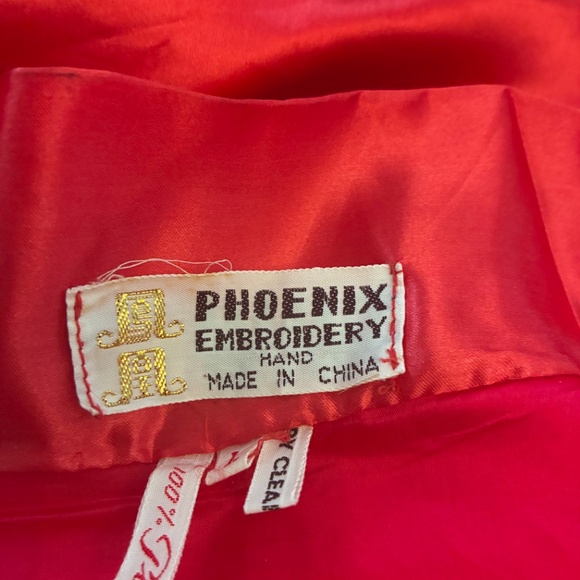 Vintage Phoenix Embroidery China Red Silk Kimono Robe With Tie Dragon Birds L - Picture 6 of 6